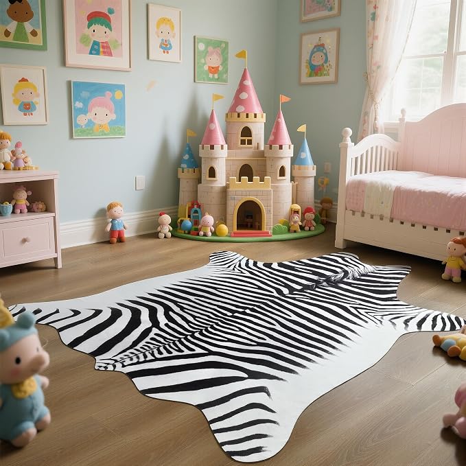 Easycozy Faux Zebra Pattern Rug: 4.6 x 5.2 Bold Zebra Stripe Faux Cowhide Area by HomeWesternDecoration