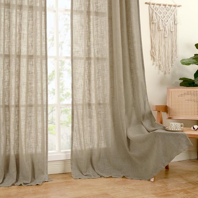 LAMIT Taupe Sheer Linen Curtains, 102 inch Light Filtering Semi Sheer Panels - Image 9