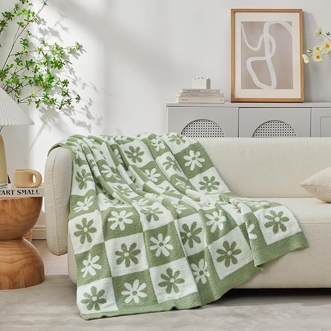 Snuggle Sac Checkered Blanket, Sage Green Flower Throw Blanket by SnuggleSac