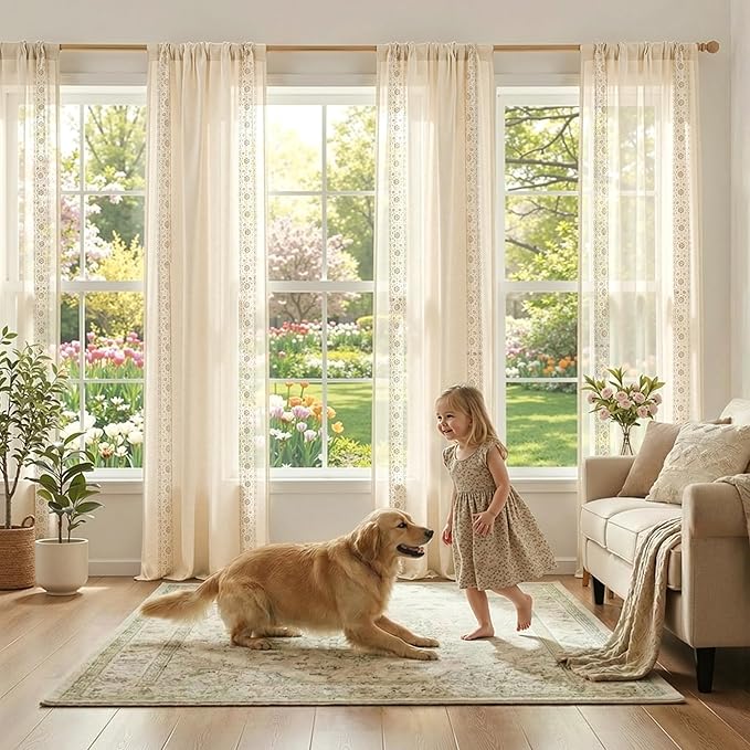 jinchan Weslie Beige Floral Sheer Curtains - Image 4