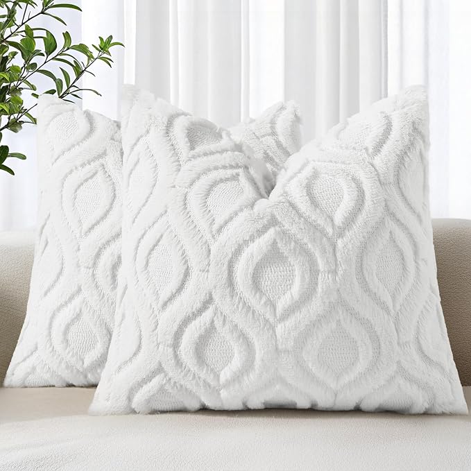 decorUhome Throw Pillow Covers 24x24 Inch Set of 2, Soft Plush Faux Wool White by decorUhome