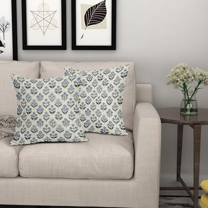 Black Blue Floral Block Print Pillow Covers 20x20 Inch Set of 2, Vintage Flower - Image 7