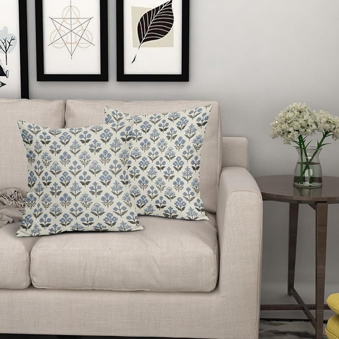 Black Blue Floral Block Print Pillow Covers 16x16 Inch Set of 2, Vintage Flower - Image 7