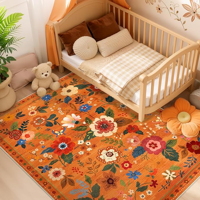 RELEANY Floral Nursery 6x9 Area Rugs Washable Print Boho Cute Carpet Non Slip - Image 2