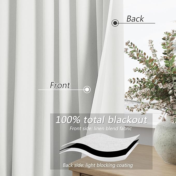 Guken White 100% Blackout Linen Curtains 52 Inch Wide by 88 Inch - Image 3