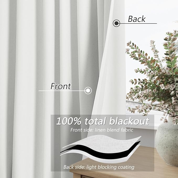 Guken Off White 100% Blackout Linen Curtains 120 Inch Length 2 Panels Set - Image 4