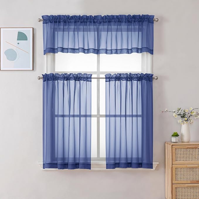 Gwine Royal Blue Sheer Curtain Tiers 24 Inch Length, Light Filtering Voile - Image 2