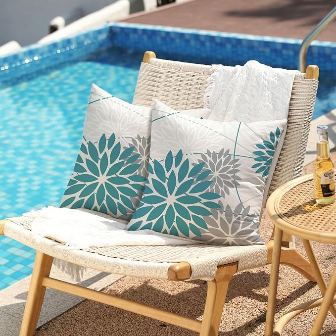 DFXSZ Blue and Grey Floral Pillow Covers 16x16 Set of 2 Outdoor Waterproof - Image 2