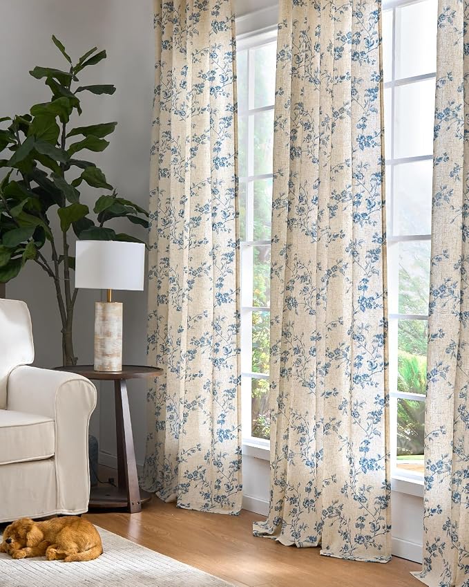 jinchan Linen Floral Curtains for Living Room 96 Inch Length Blue Printed - Image 6