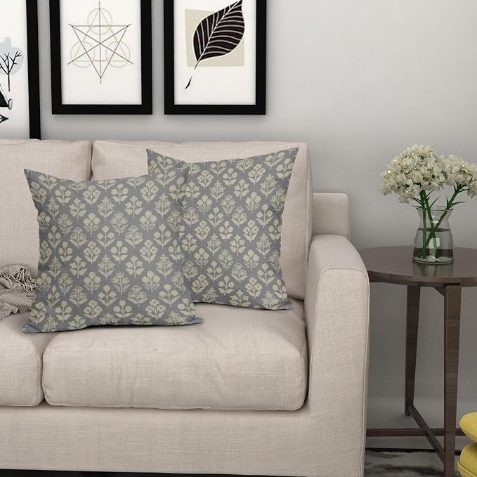 Grey Gray Floral Block Print Pillow Covers 18x18 Inch Set of 2, Vintage Flower - Image 7
