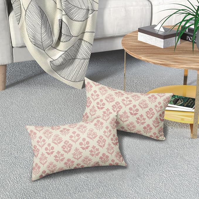 Pink Floral Pillow Covers 12x20 Inch Set of 2, Block Print Lumbar Flower Cream - Image 7