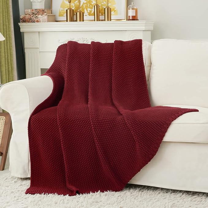 Chunky Cable Knit Throw Blanket Lightweight Wine red 100% Organic Cotton Blanket - Image 8