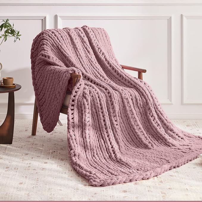 Negwoo Chunky Knit Throw Blanket, Handmade Muted Pink Crochet Big Thick Blanket by Unknown