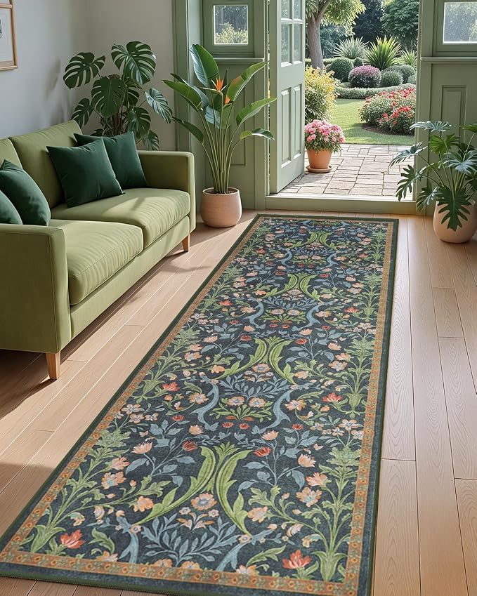Tangsoo Washable Runner Rug for Hallway Non Slip, 2x6 Green Floral Rug Vintage by Tangsoo