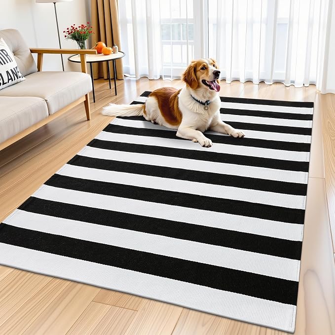 OLANLY Black and White Striped Rug 3' x 5' – Washable Cotton Indoor Outdoor - Image 7