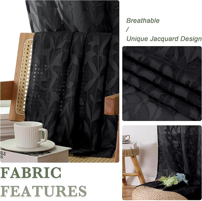 Lecloud Leia Black Sheer Curtains 72 Inches Long 2 Panels, Jacquard Leaf - Image 5