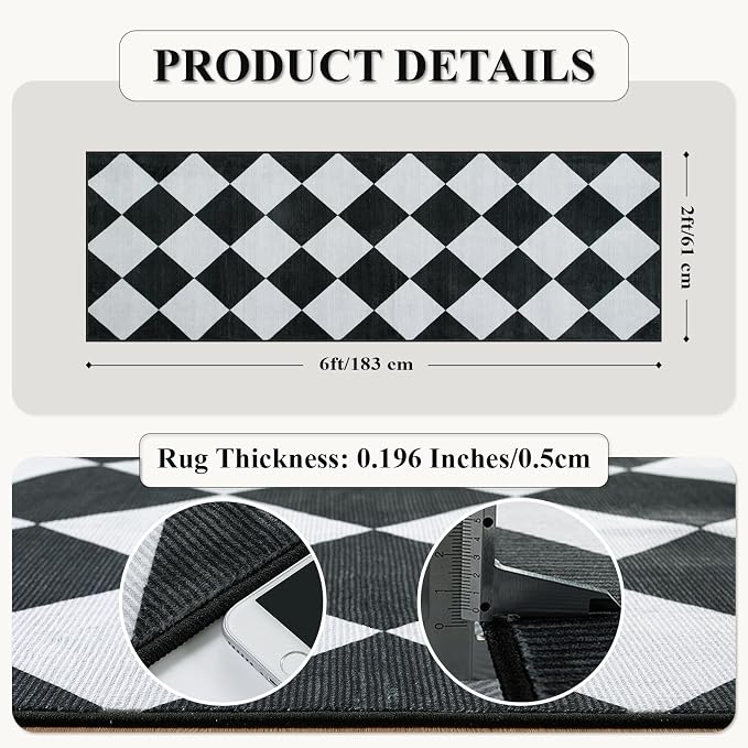 Beeiva Checkered Print Black Bathroom Runner Rug 2x6, Washable Ultra Thin Non - Image 2