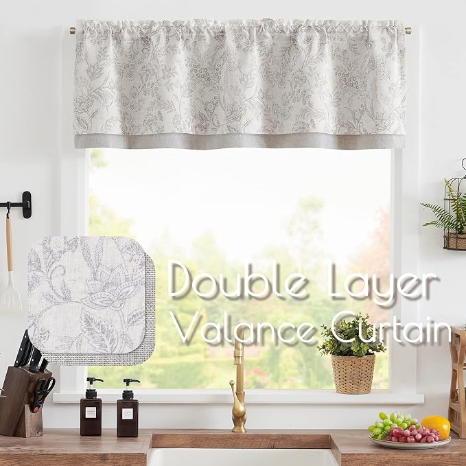 JINCHAN Linen Valance Curtain Farmhouse Grey Floral Printed Small Window Curtain - Image 2