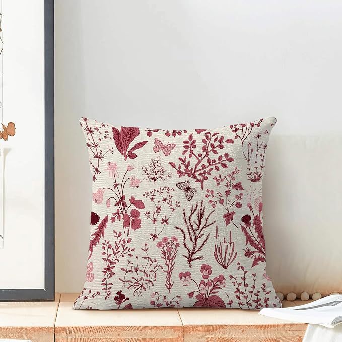 Christmas Pillow Covers 24x24 Inch Set of 2, Burgundy Red Wild Flower Plant - Image 3
