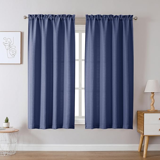 Chyhomenyc Bennet Blue Curtains 63 Inch Length 2 Panels, Faux Linen Textured - Image 2