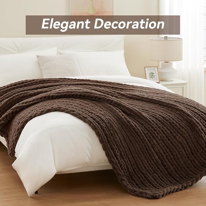 Negwoo Chunky Knit Throw Blanket, Handmade Dark Brown Crochet Big Thick Blanket - Image 2