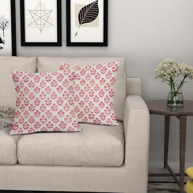 Hot Pink Floral Pillow Covers 18x18 Inch Set of 2, Vintage Flower Block Print - Image 7