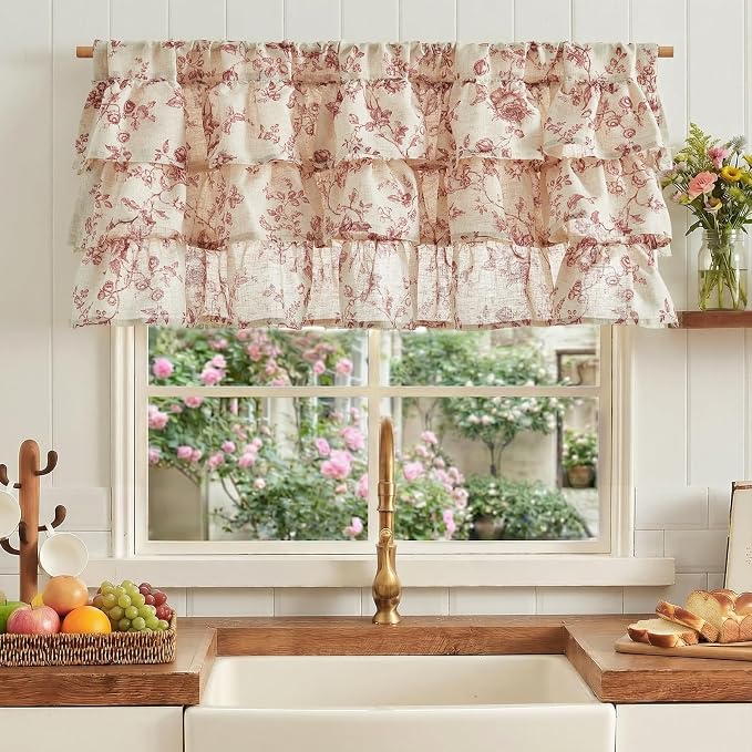 jinchan Amlie Ruffled Floral Valance Curtain Shabby Chic Linen Kitchen Valance - Image 2