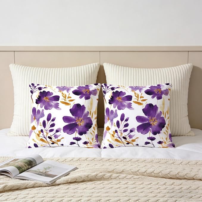 Purple Gold Watercolor Floral Throw Pillow Covers 18x18 Set of 2, Boho Gold - Image 5