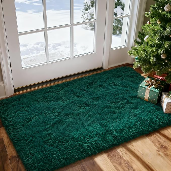 Merelax Fluffy Shaggy Small Area Rug, Deep Green 2x4 Runner Rugs - Image 3
