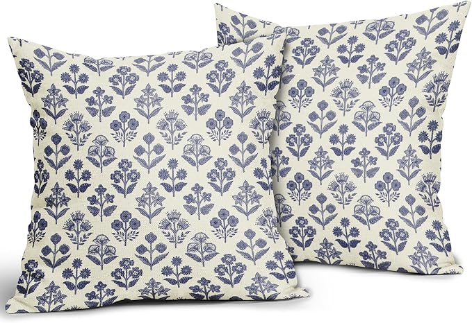 Navy Blue Floral Pillow Covers 24x24 Inch Set of 2, Vintage Flower Block Print - Image 2