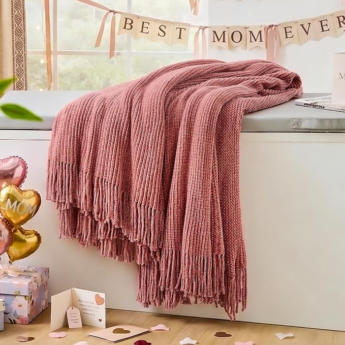 inhand Coral Pink Chunky Chenille Throw Blanket - Image 6