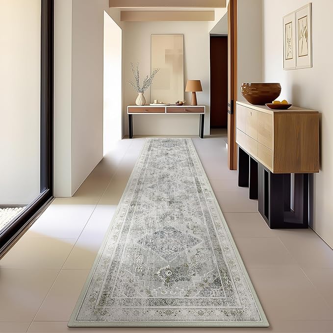 Phantoscope Washable Runner Rug 2'x10' Non-Slip, Vintage Neutral Hallway Rugs by Phantoscope