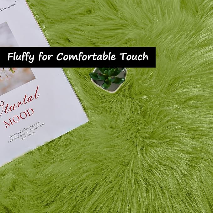 Goolela Lime Green Circle Area Rug 5ft Round Fluffy Faux Fur Rug - Image 2