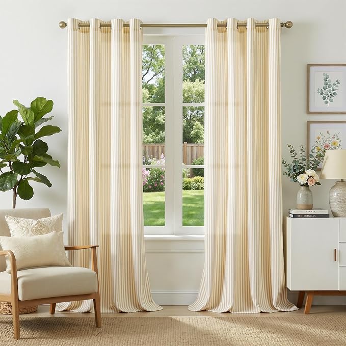 jinchan Linen Curtains for Living Room Yellow Vertical Striped on White by JINCHAN