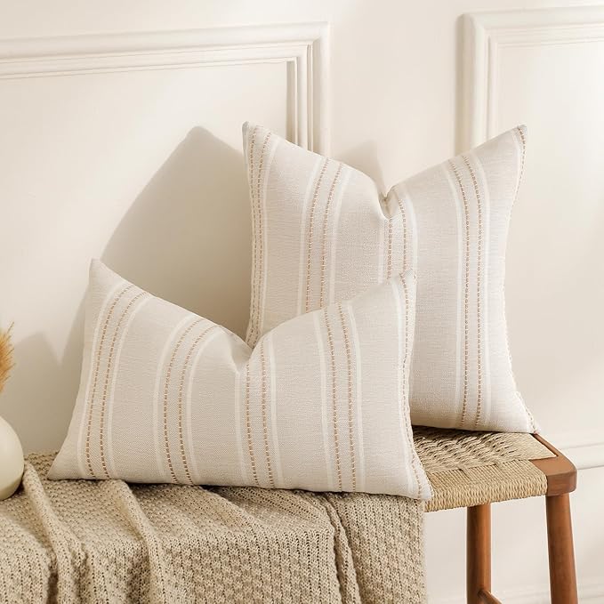 Hckot Throw Pillow Covers 12x20 Set of 2 Striped Pillow Covers Textured Linen - Image 3