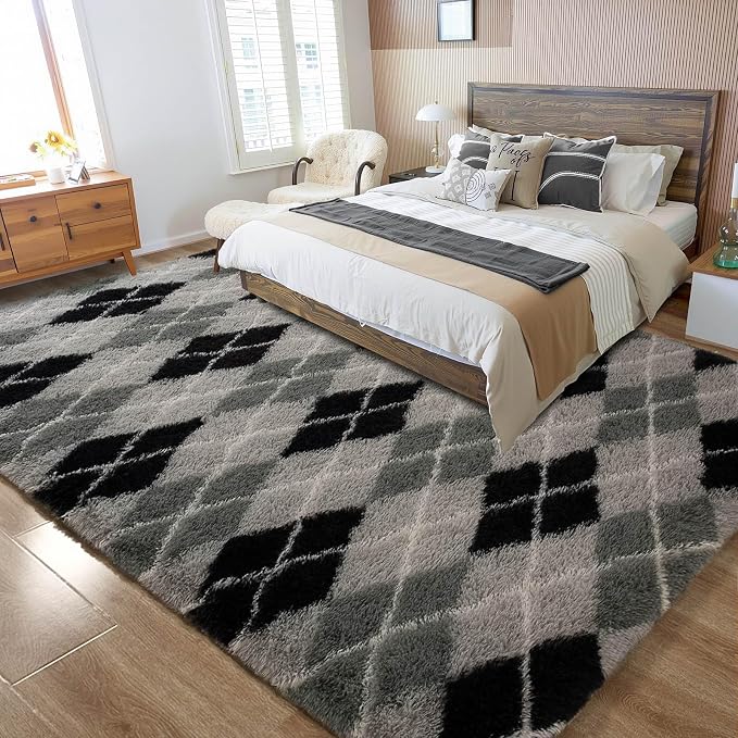 Meralax Black and Grey Checkered Area Rug, Geometric 4x6 Soft Fluffy Rugs - Image 8