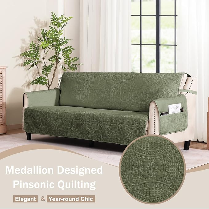 Quilted Olive Green Sofa Slipcovers - Image 2