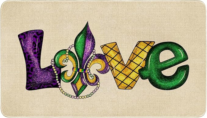 Mardi Gras Door Mat, Fleur De Lis Love Indoor Outdoor Non-Slip Doormat by Xsinufn
