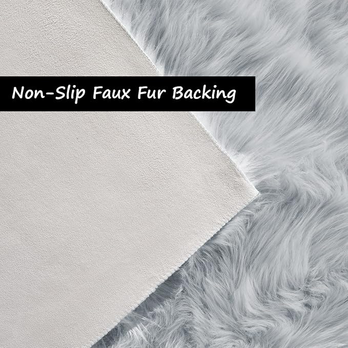 Goolela Grey Round Rug 3ft Fluffy Faux Sheepksin Fur Rug Fuzzy Gray Bedside Rugs - Image 4