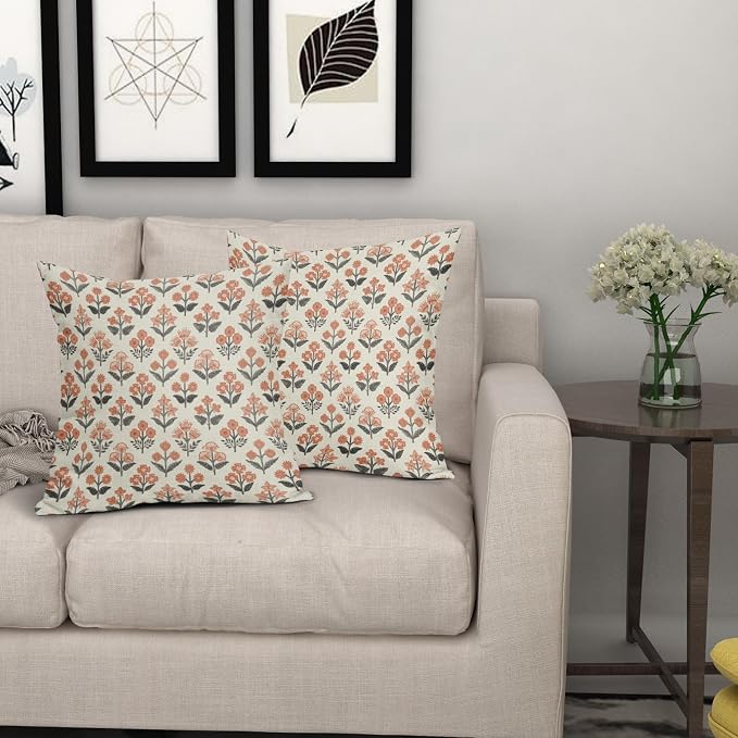 Orange Black Floral Block Print Pillow Covers 16x16 Inch Set of 2, Vintage - Image 7