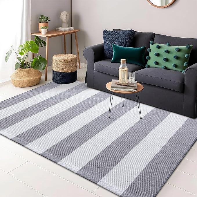 OLANLY Grey and White Striped Rug 4' x 6' – Washable Cotton Indoor Outdoor - Image 8
