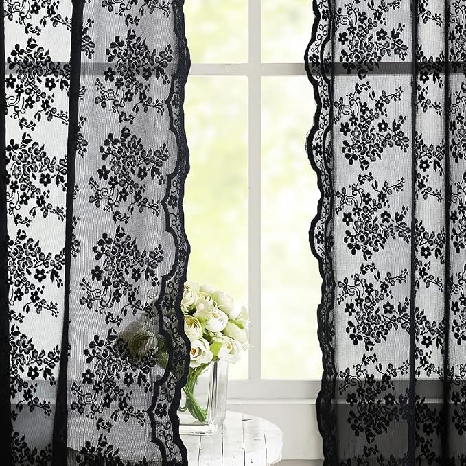 YJ YANJUN Vintage Lace Curtains 108 Inches Long- Victorian Floral Pattern Black - Image 4