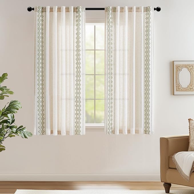 jinchan Boho Curtains Linen Blend Beige Farmhouse Curtains 63 Inches Long - Image 2