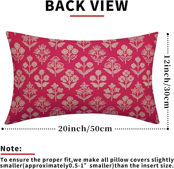 Hot Pink Pillow Covers 12x20 Inch Set of 2, Cream Floral Block Print Pattern - Image 3