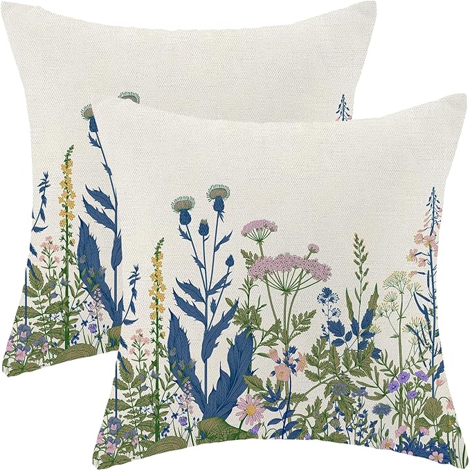 AEIOAE Navy Blue Teal Pillow Covers 20x20 Inch Set of 2, Spring Wildflower by AEIOAE