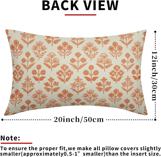 Orange Floral Pillow Covers 12x20 Inch Set of 2, Block Print Lumbar Flower - Image 3