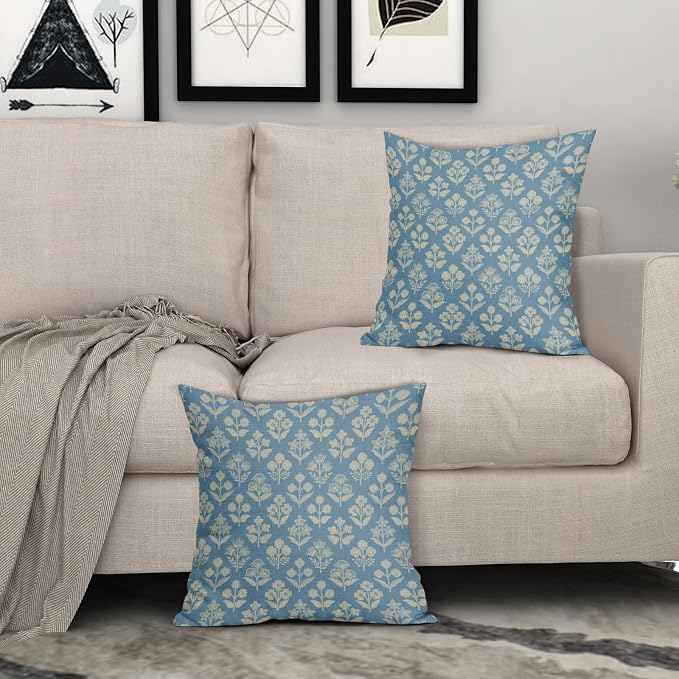 Light Blue Floral Block Print Pillow Covers 18x18 Inch Set of 2, Vintage Flower - Image 3