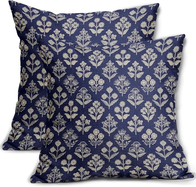 Navy Blue Floral Pillow Covers 24x24 Inch Set of 2, Vintage Flower Block Print by Sivirary