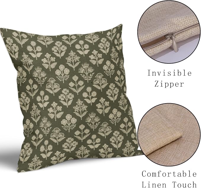 Olive Green Floral Block Print Pillow Covers 16x16 Inch Set of 2, Vintage - Image 4