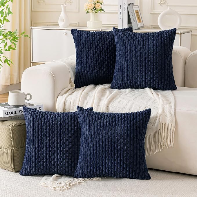 Set of 4 Navy Blue Decorative Throw Pillow Covers 20x20 Inch Corduroy Pillow by Cozoomy